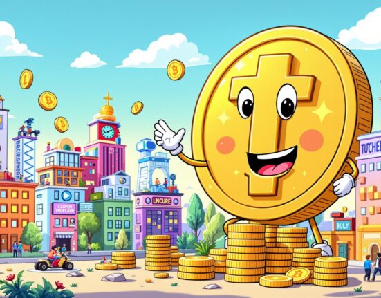 Illustration of a giant Tether coin investing in various small company buildings, symbolizing its expansive Tether investments portfolio.