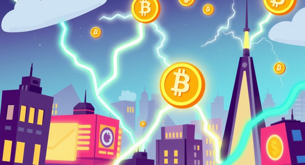 Vibrant cartoon illustration showing Bitcoin Lightning Network payments flowing through a futuristic city