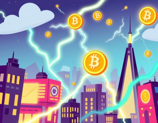 Vibrant cartoon illustration showing Bitcoin Lightning Network payments flowing through a futuristic city