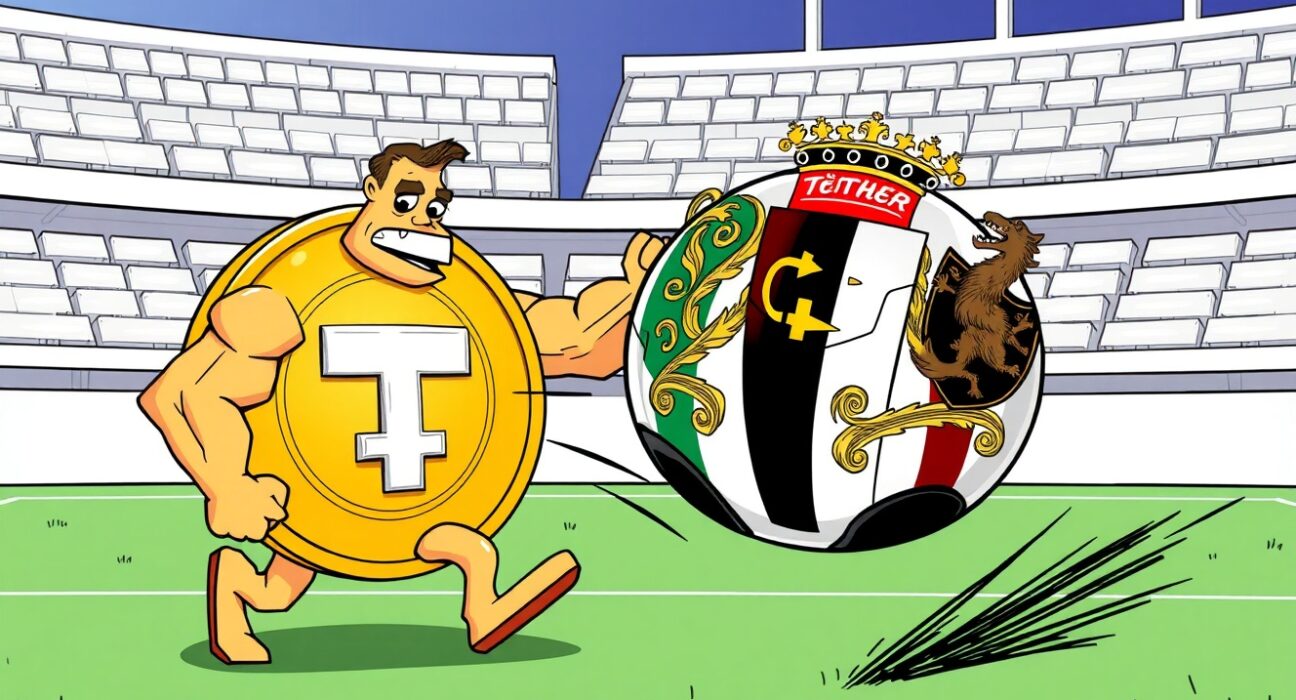 Cartoon of Tether's crypto coin blocked from acquiring the Juventus soccer ball, symbolizing the failed acquisition.
