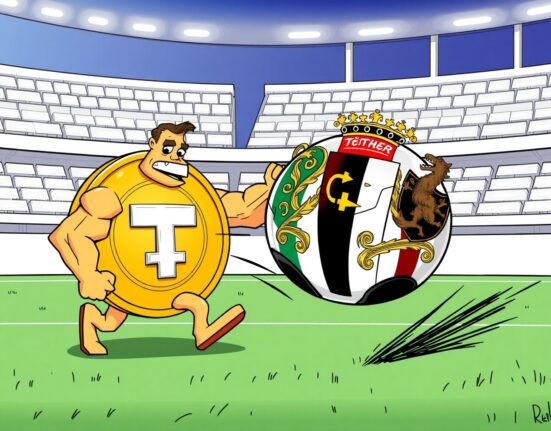 Cartoon of Tether's crypto coin blocked from acquiring the Juventus soccer ball, symbolizing the failed acquisition.