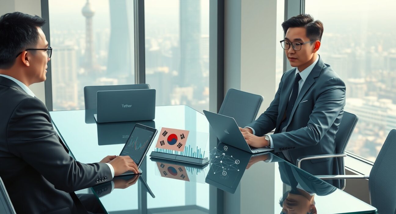 Tether executives meeting with KB Financial and Coinone representatives in Seoul to discuss stablecoin partnerships.