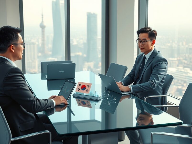 Tether executives meeting with KB Financial and Coinone representatives in Seoul to discuss stablecoin partnerships.