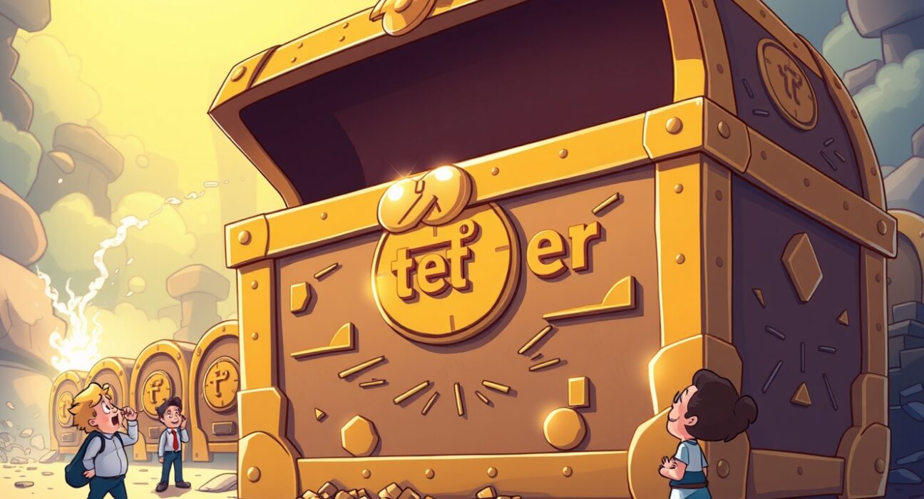 Tether gold holder massive treasure surpassing central bank reserves in cartoon illustration