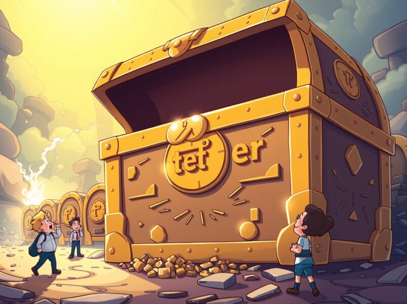 Tether gold holder massive treasure surpassing central bank reserves in cartoon illustration