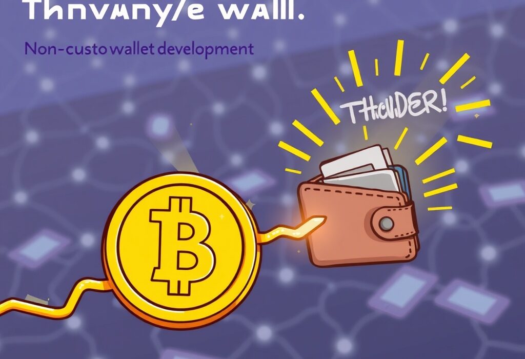 Cartoon illustration showing a lightning bolt connecting Tether and Bitcoin symbols to a digital wallet, representing rapid Tether Lightning support and instant crypto transactions.