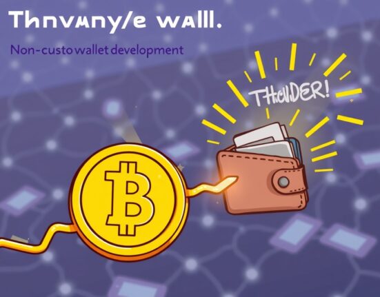 Cartoon illustration showing a lightning bolt connecting Tether and Bitcoin symbols to a digital wallet, representing rapid Tether Lightning support and instant crypto transactions.