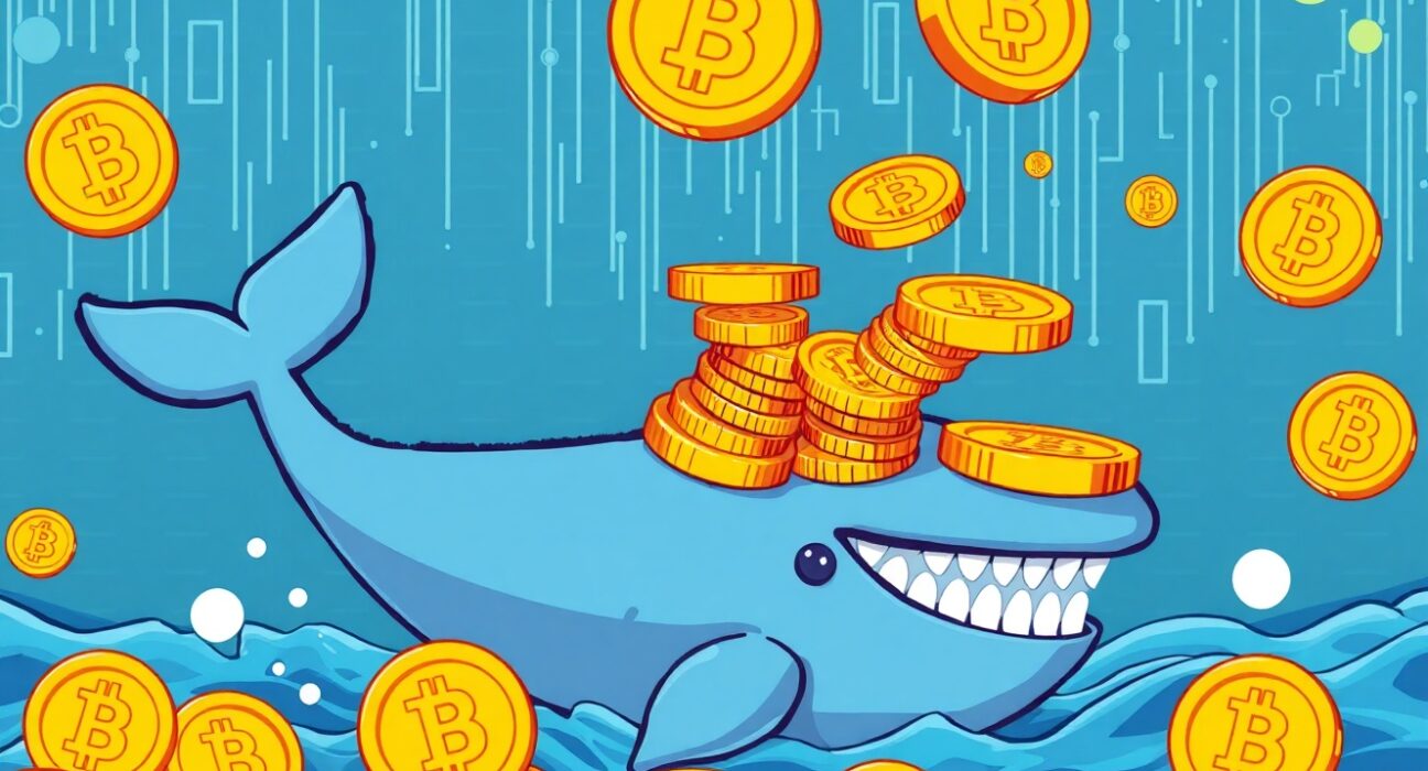 Tether-linked address represented as a cartoon whale accumulating Bitcoin in a vibrant crypto ocean