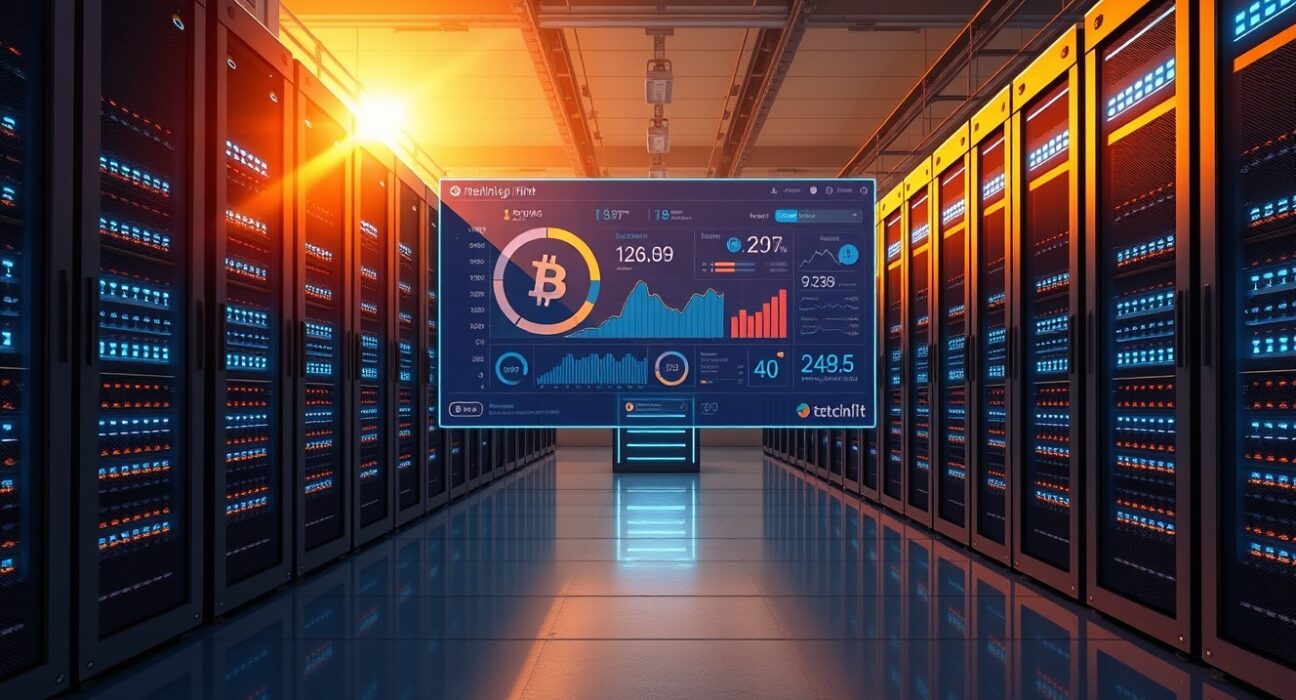 Tether MDK Bitcoin mining framework dashboard interface in a modern data center