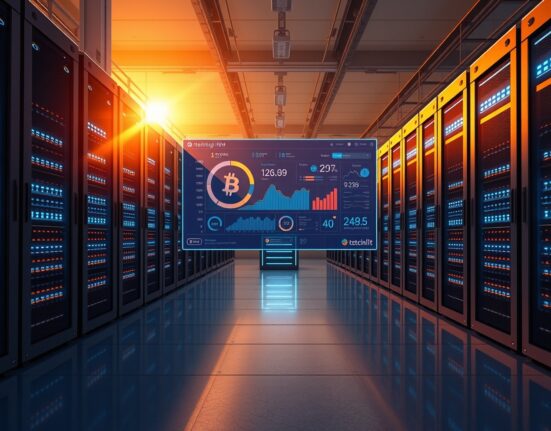 Tether MDK Bitcoin mining framework dashboard interface in a modern data center
