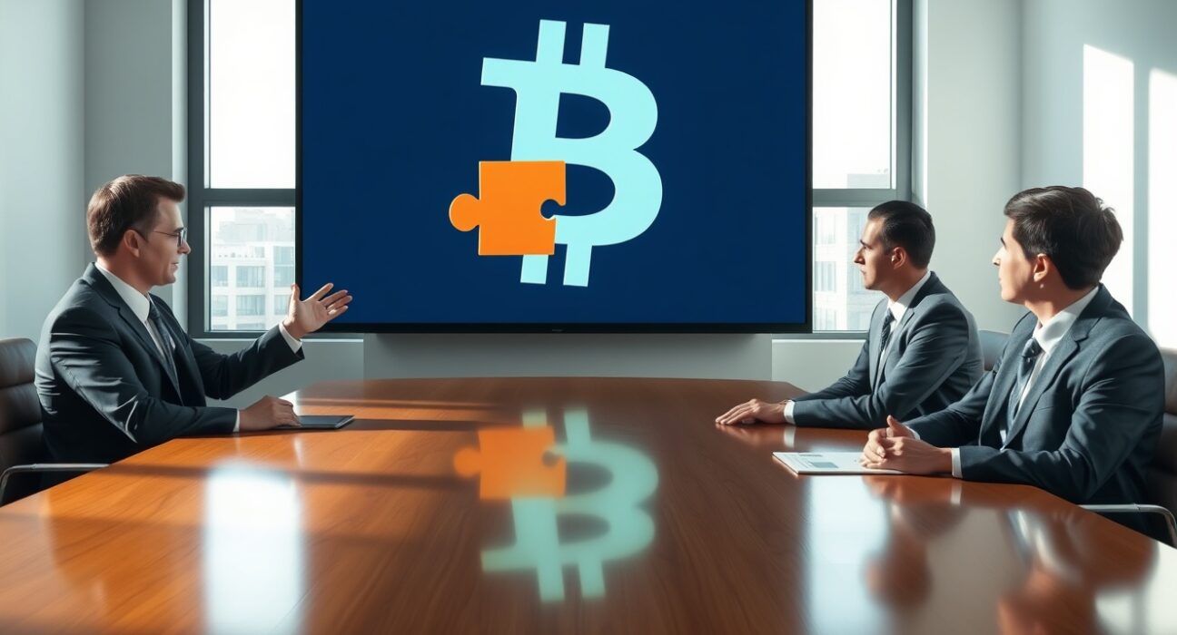 Tether merger vote for Twenty One Capital and Strike deal in a boardroom setting with Bitcoin symbol on screen.