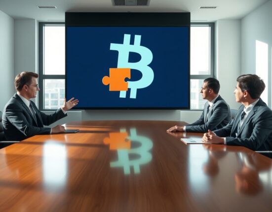 Tether merger vote for Twenty One Capital and Strike deal in a boardroom setting with Bitcoin symbol on screen.