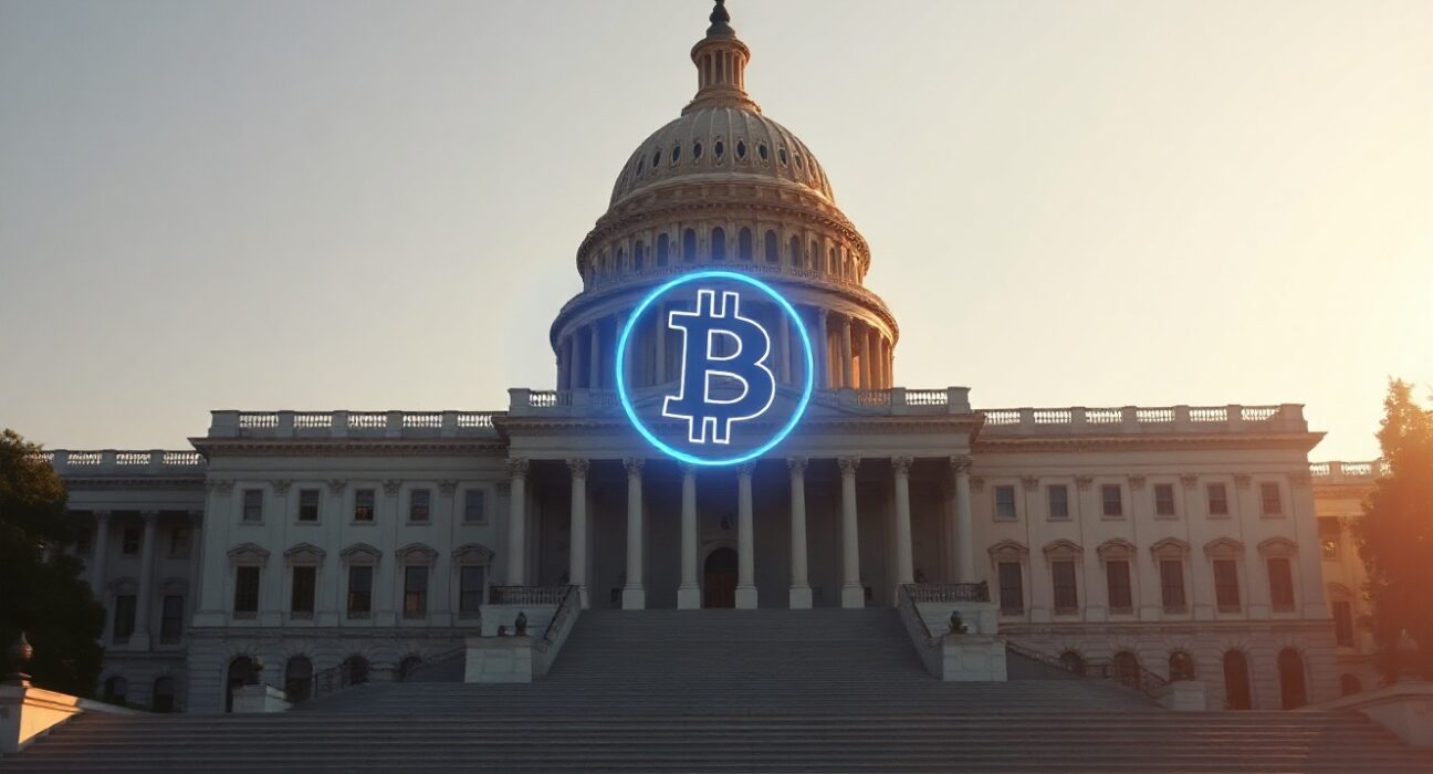 US Capitol building at sunset with subtle digital currency symbol in foreground representing crypto policy