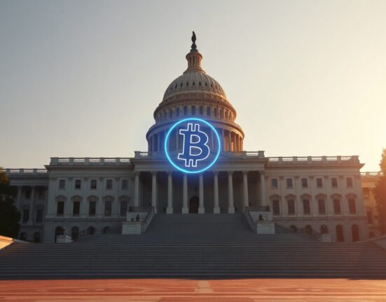 US Capitol building at sunset with subtle digital currency symbol in foreground representing crypto policy