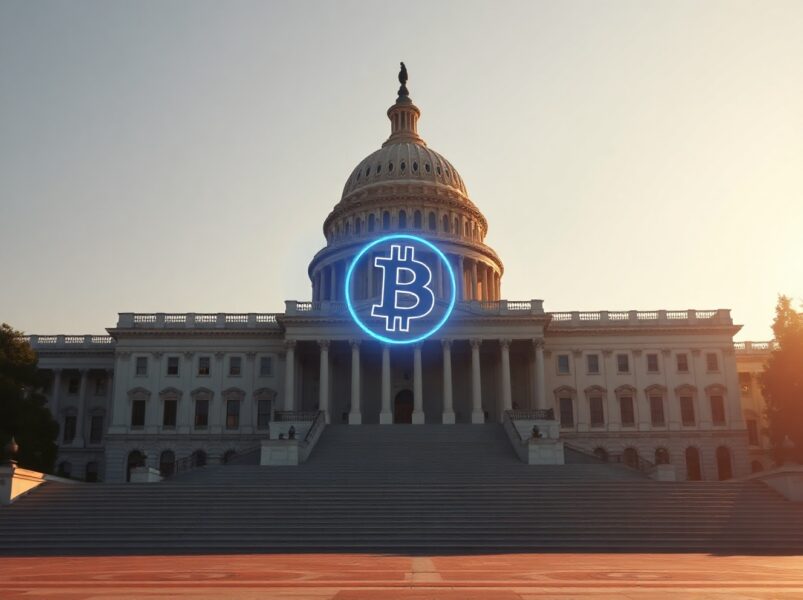 US Capitol building at sunset with subtle digital currency symbol in foreground representing crypto policy