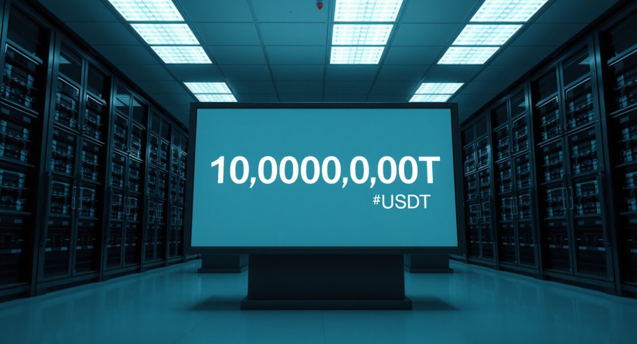 Digital display in a secure vault showing a 1 billion USDT transaction confirmation