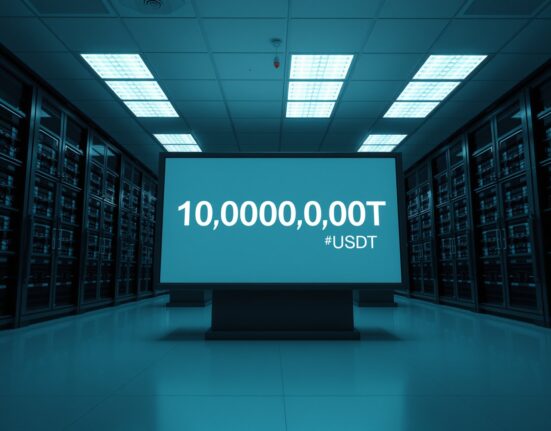 Digital display in a secure vault showing a 1 billion USDT transaction confirmation