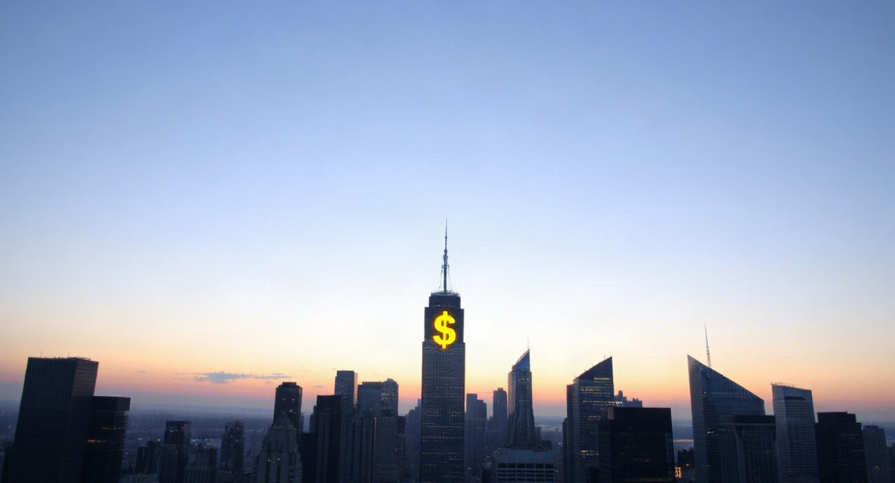 Financial district skyline at dusk symbolizing digital currency markets