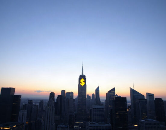 Financial district skyline at dusk symbolizing digital currency markets