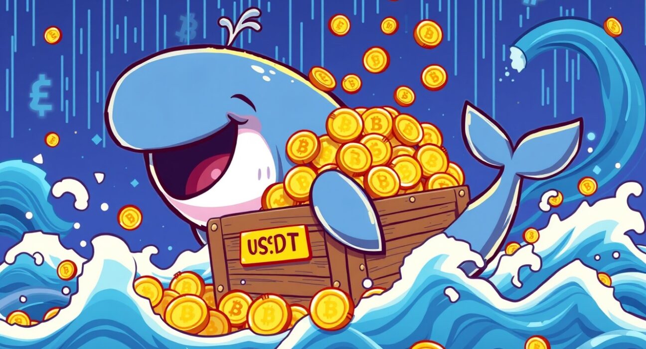 A vibrant cartoon whale minting USDT coins, illustrating the massive stablecoin issuance.