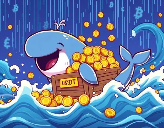 A vibrant cartoon whale minting USDT coins, illustrating the massive stablecoin issuance.
