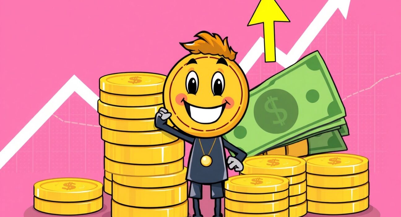 Cartoon illustration showing Tether's Net Profit soaring, with a character celebrating financial success and stablecoin growth.