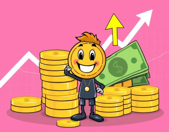 Cartoon illustration showing Tether's Net Profit soaring, with a character celebrating financial success and stablecoin growth.