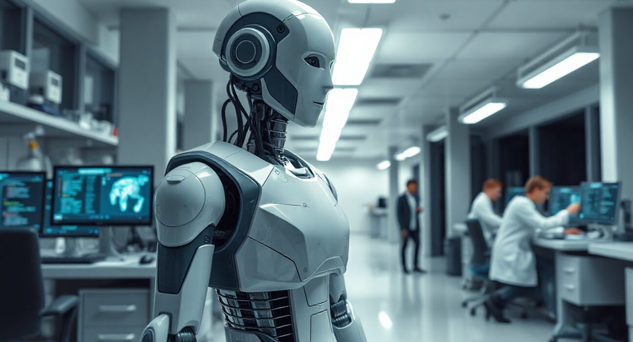 Humanoid robot in a modern robotics lab with engineers working in the background