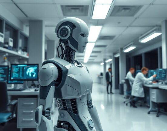 Humanoid robot in a modern robotics lab with engineers working in the background