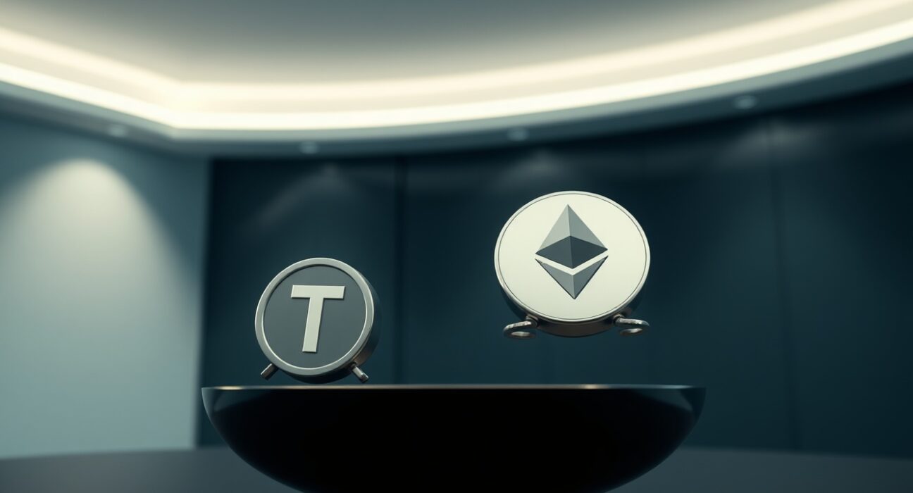 A scale with Tether (USDT) symbol outweighing Ethereum (ETH) symbol, representing a shift in market cap rankings.