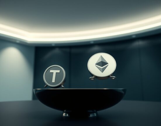 A scale with Tether (USDT) symbol outweighing Ethereum (ETH) symbol, representing a shift in market cap rankings.