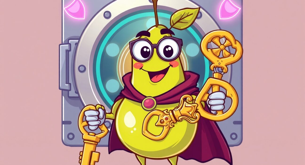 A superhero pear guarding a digital vault, representing Tether's new open-source password manager, PearPass.