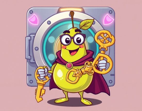 A superhero pear guarding a digital vault, representing Tether's new open-source password manager, PearPass.