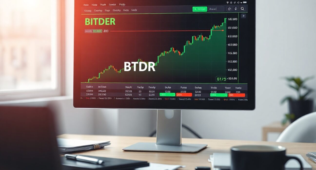 Computer monitor displaying Bitdeer stock chart with green upward trend in a professional office setting.