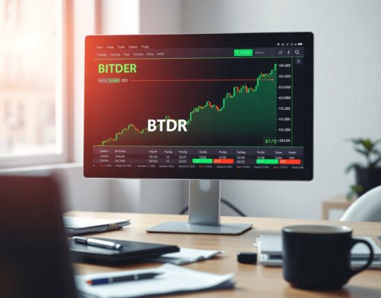 Computer monitor displaying Bitdeer stock chart with green upward trend in a professional office setting.