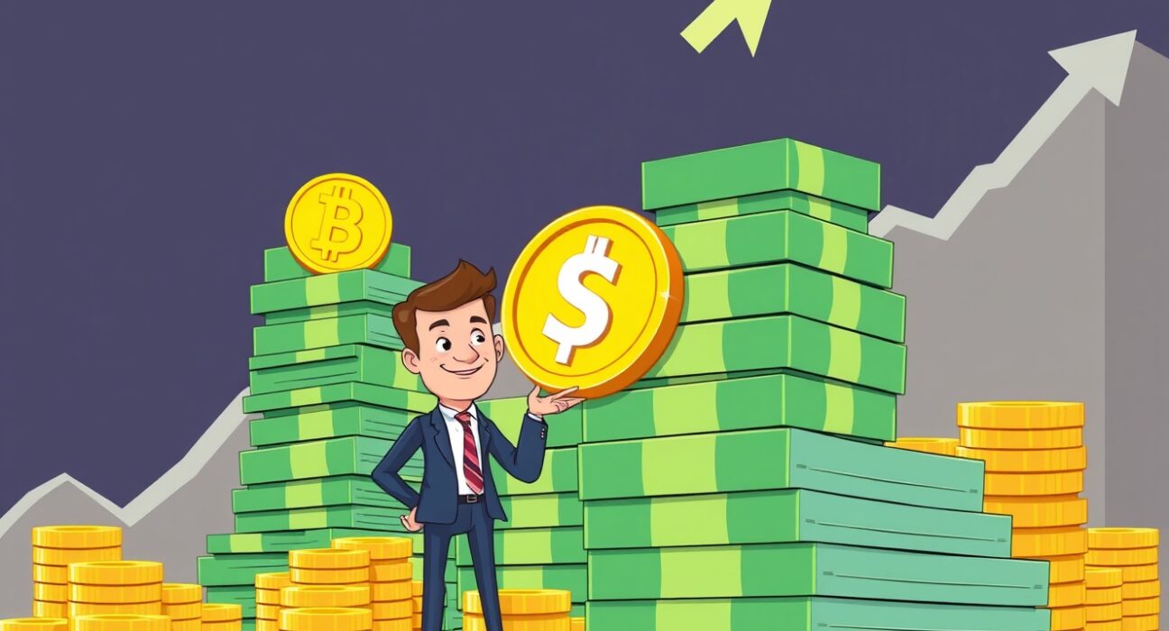 Cartoon illustration showing the immense scale of Tether's astounding profit forecast with a stack of money and a rising graph.