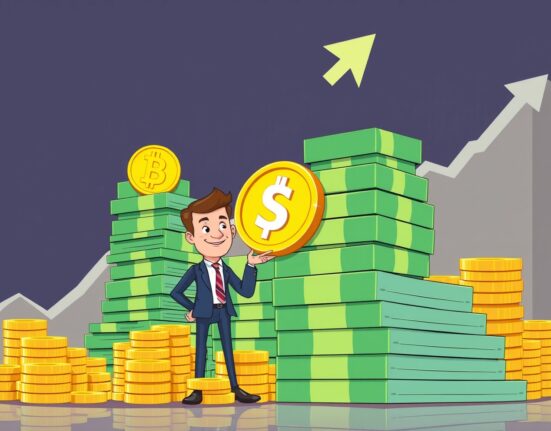 Cartoon illustration showing the immense scale of Tether's astounding profit forecast with a stack of money and a rising graph.