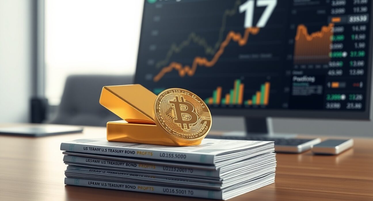 Tether Q1 profit report showing gold bar and Bitcoin coin on U.S. Treasury bonds with financial dashboard