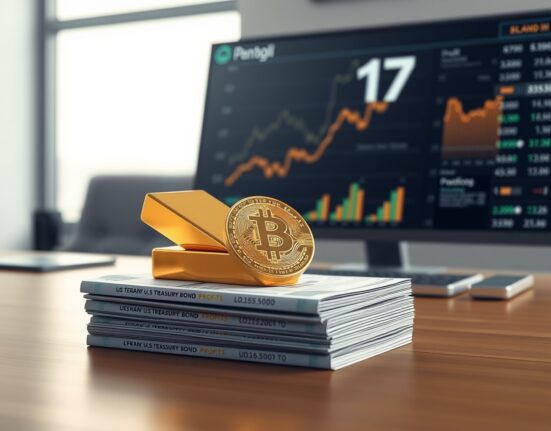 Tether Q1 profit report showing gold bar and Bitcoin coin on U.S. Treasury bonds with financial dashboard