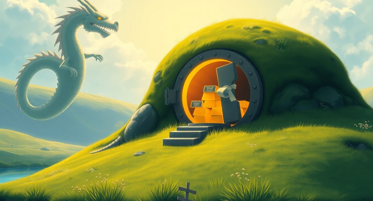 Tether's massive financial reserves symbolized as a secure digital vault in a peaceful landscape.