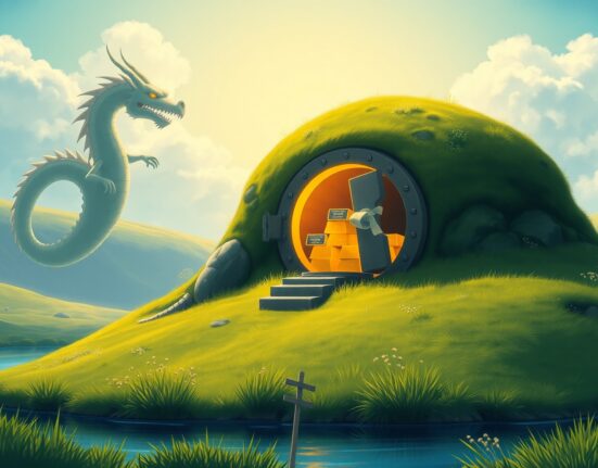 Tether's massive financial reserves symbolized as a secure digital vault in a peaceful landscape.