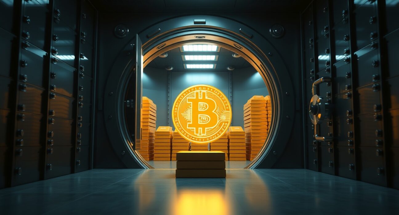 Interior of a secure vault with gold bars and a glowing Bitcoin coin in the foreground.