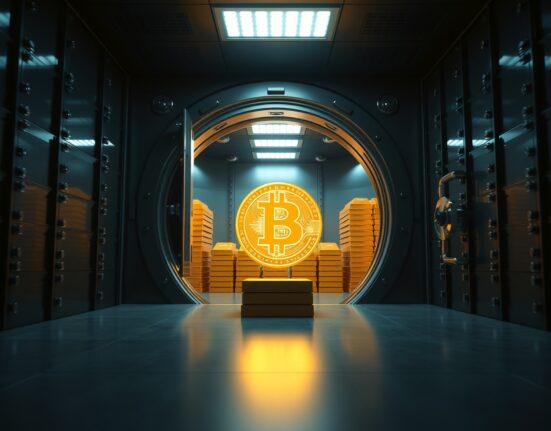 Interior of a secure vault with gold bars and a glowing Bitcoin coin in the foreground.