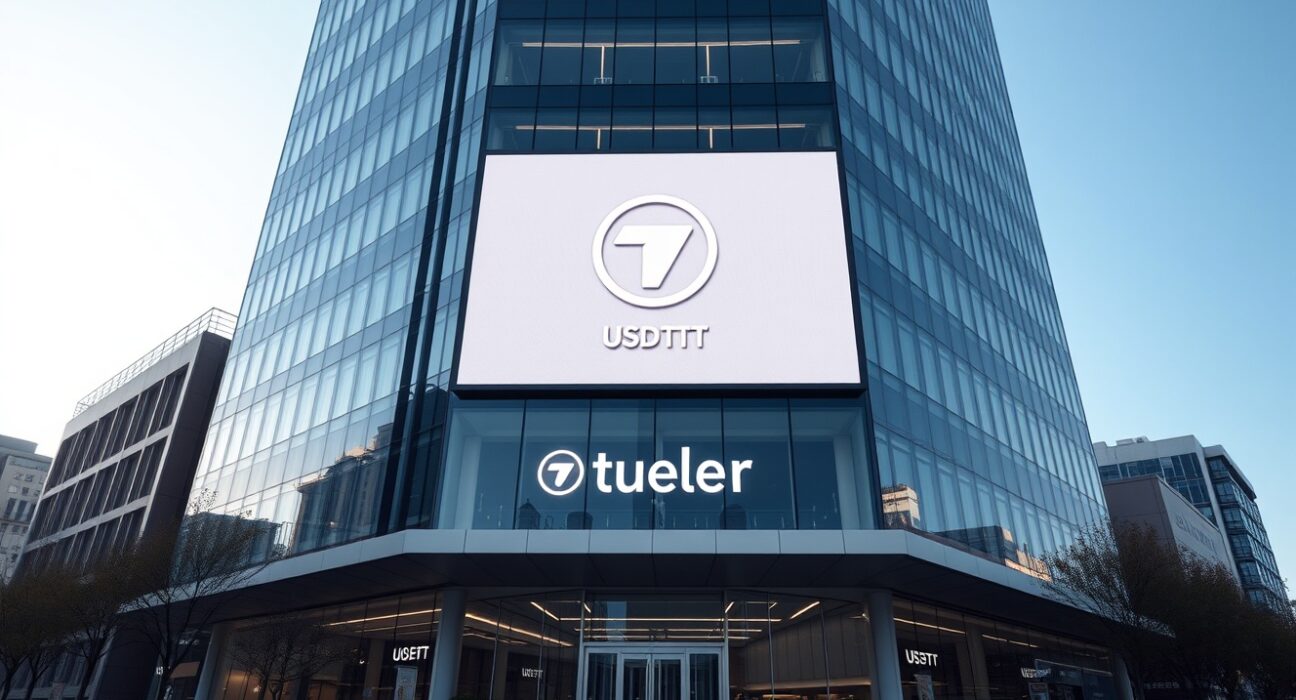 Modern office building in Seoul with Tether logo on display, representing the company's trademark filing in South Korea.