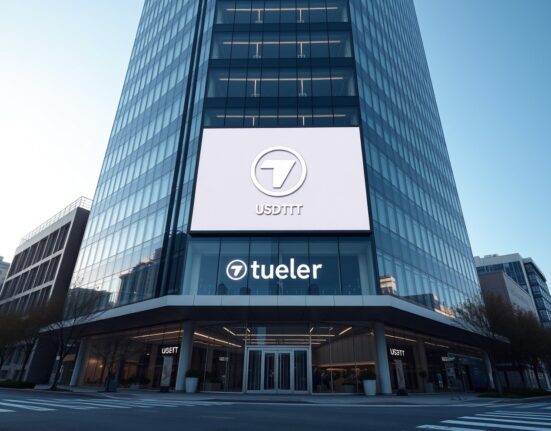 Modern office building in Seoul with Tether logo on display, representing the company's trademark filing in South Korea.