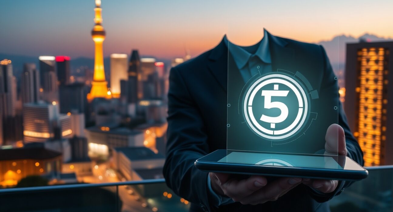 Seoul skyline at dusk with a digital stablecoin transaction interface in the foreground