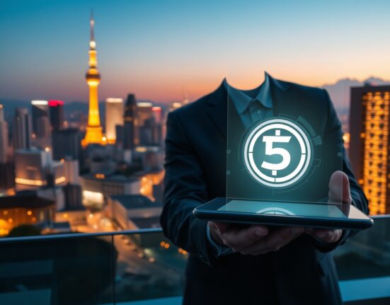 Seoul skyline at dusk with a digital stablecoin transaction interface in the foreground