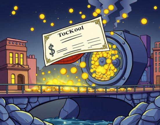 Illustration of Tether's revolutionary stock tokenization bridging traditional finance and crypto.