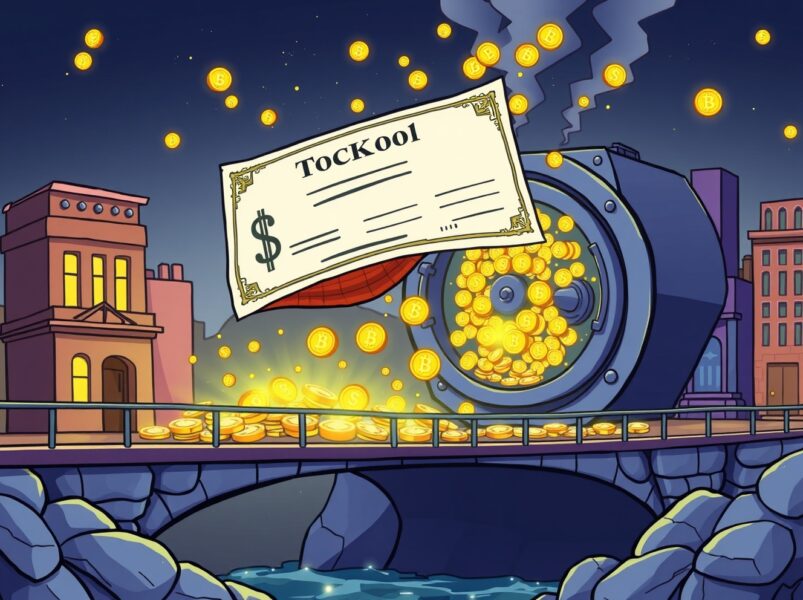 Illustration of Tether's revolutionary stock tokenization bridging traditional finance and crypto.