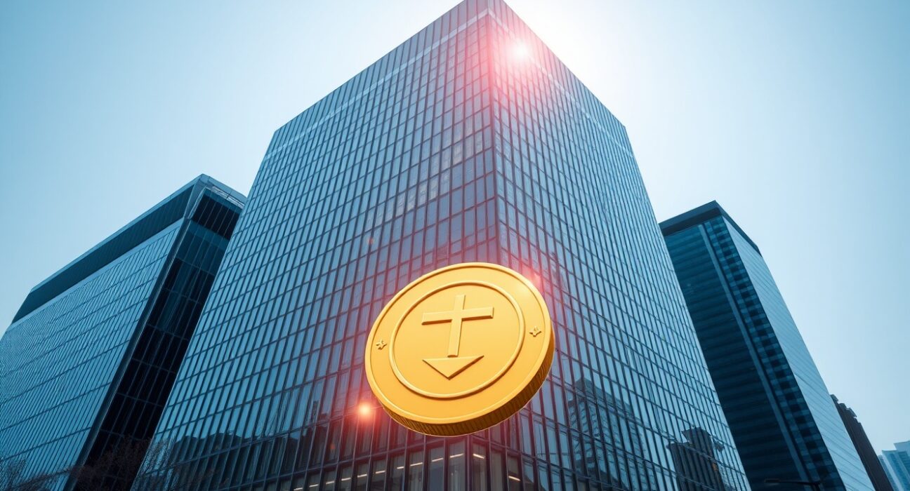 Modern office building in Seoul with holographic Tether logo and gold coin symbol representing trademark filings